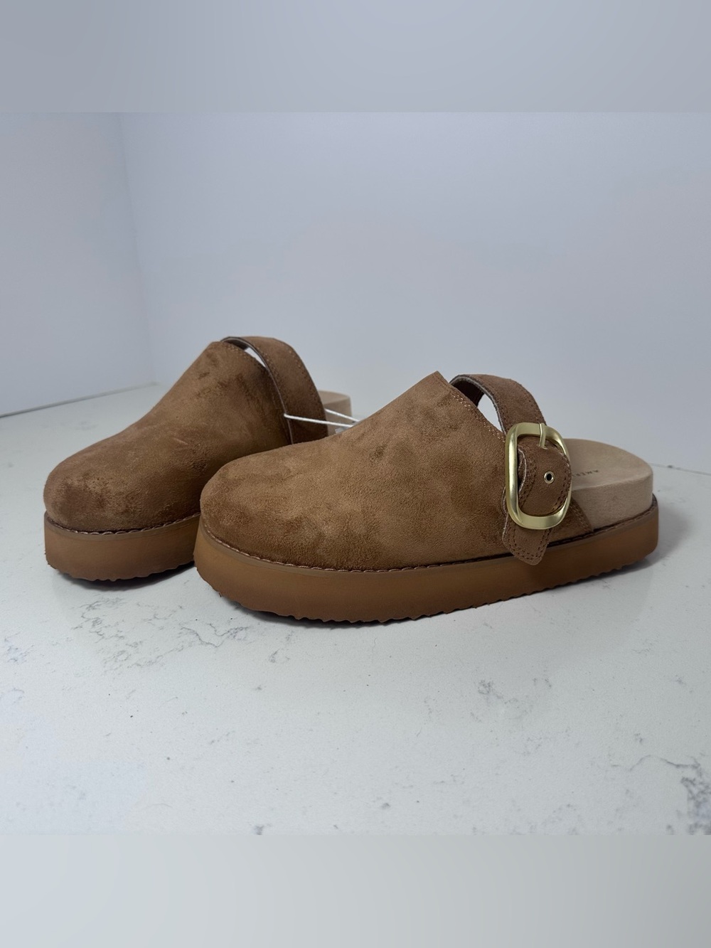 American Eagle Women's Slip-On Buckle Clog in Faux Brown Suede